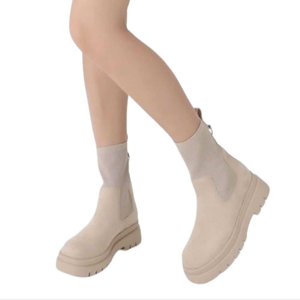 Sock Chelsea Ankle Boots 41 Faux Suede Platform Beige/Nude Round Toe Lug Sole